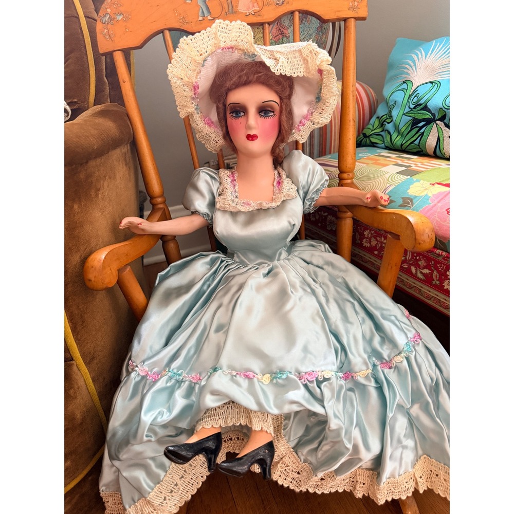 Antique Boudoir Doll 1920s - 1930s Blue Gown Lace‎ Hat Collectible Gorgeous